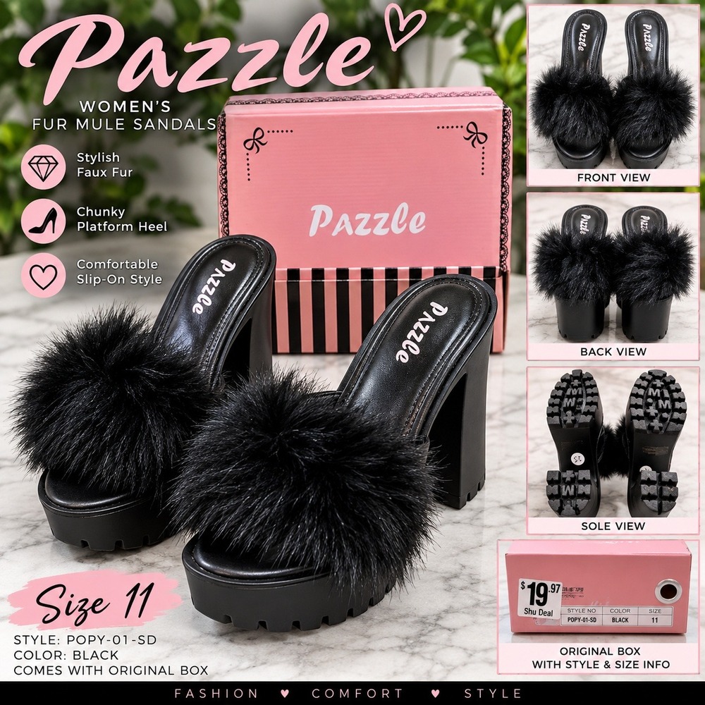 Pazzle POPY-01-SD Womens Black Faux Fur Chunky Platform Mule Sandals Size 11